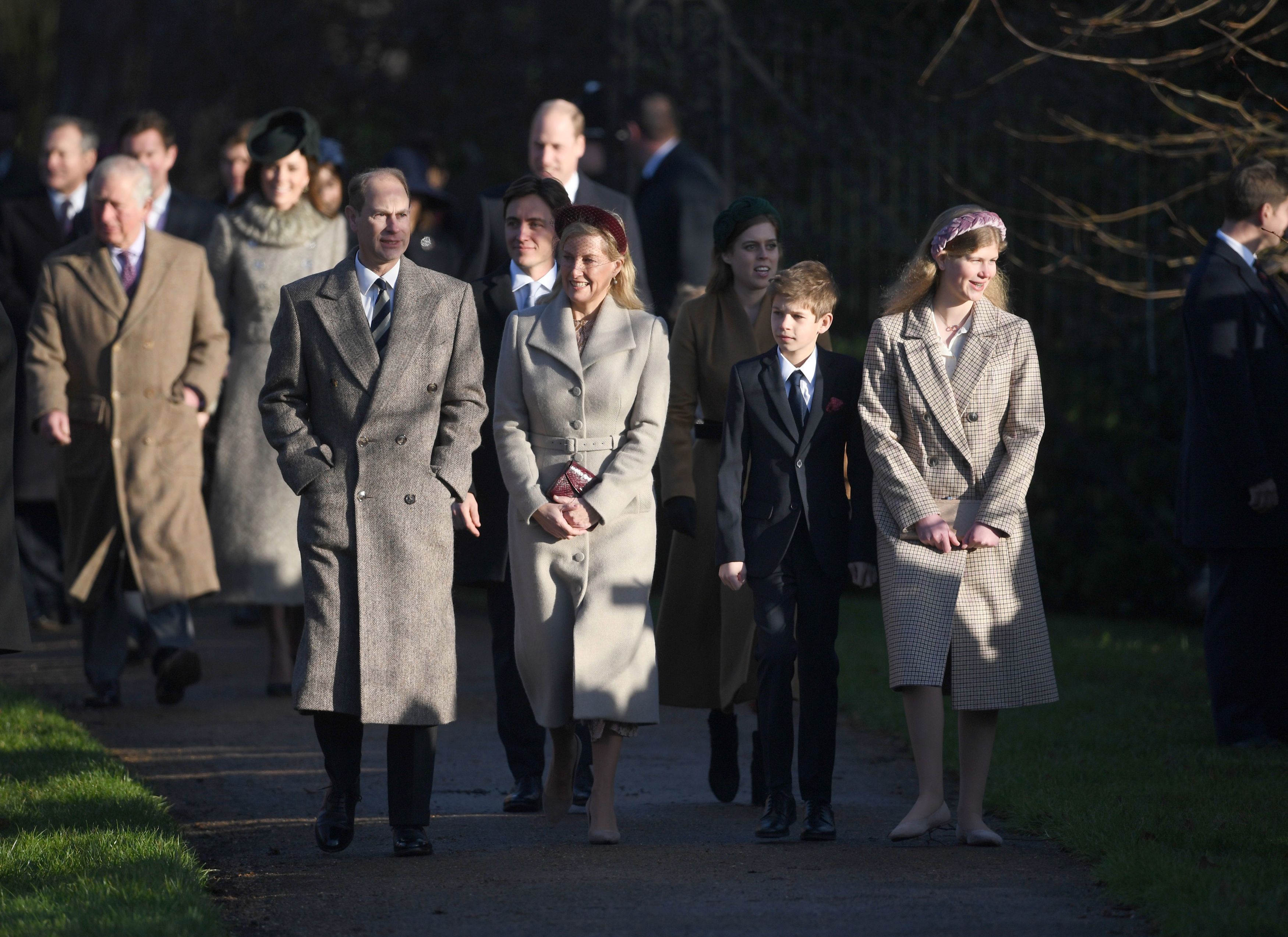 The Earl and Countess of Wessex with their children, Viscount Severn and Lady Louise Windsor, arriving at the Christmas Day morning church service last year
